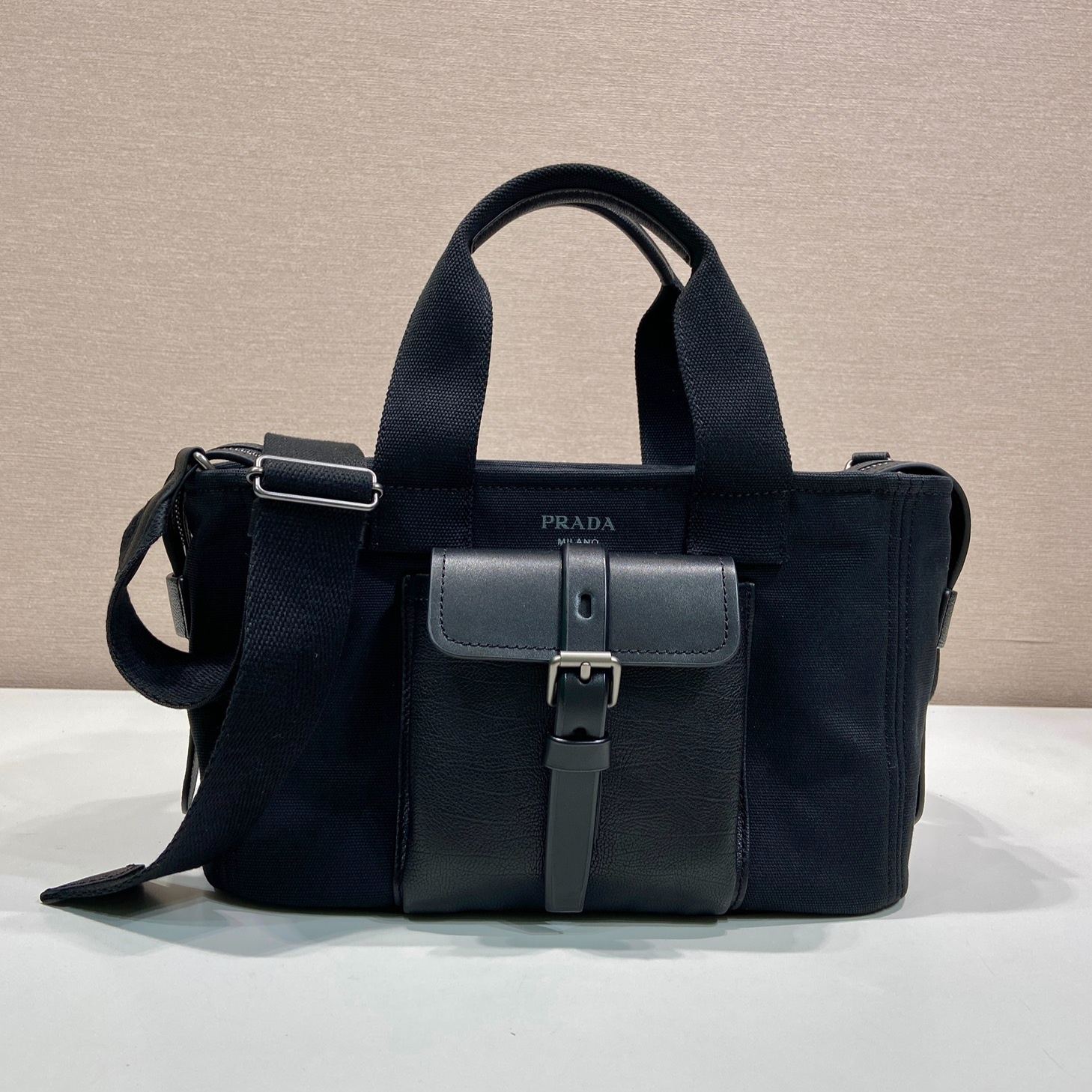 Prada Route Medium Canvas and Leather Tote Bag (1BG660_2G6W_F0002_V_OOO）