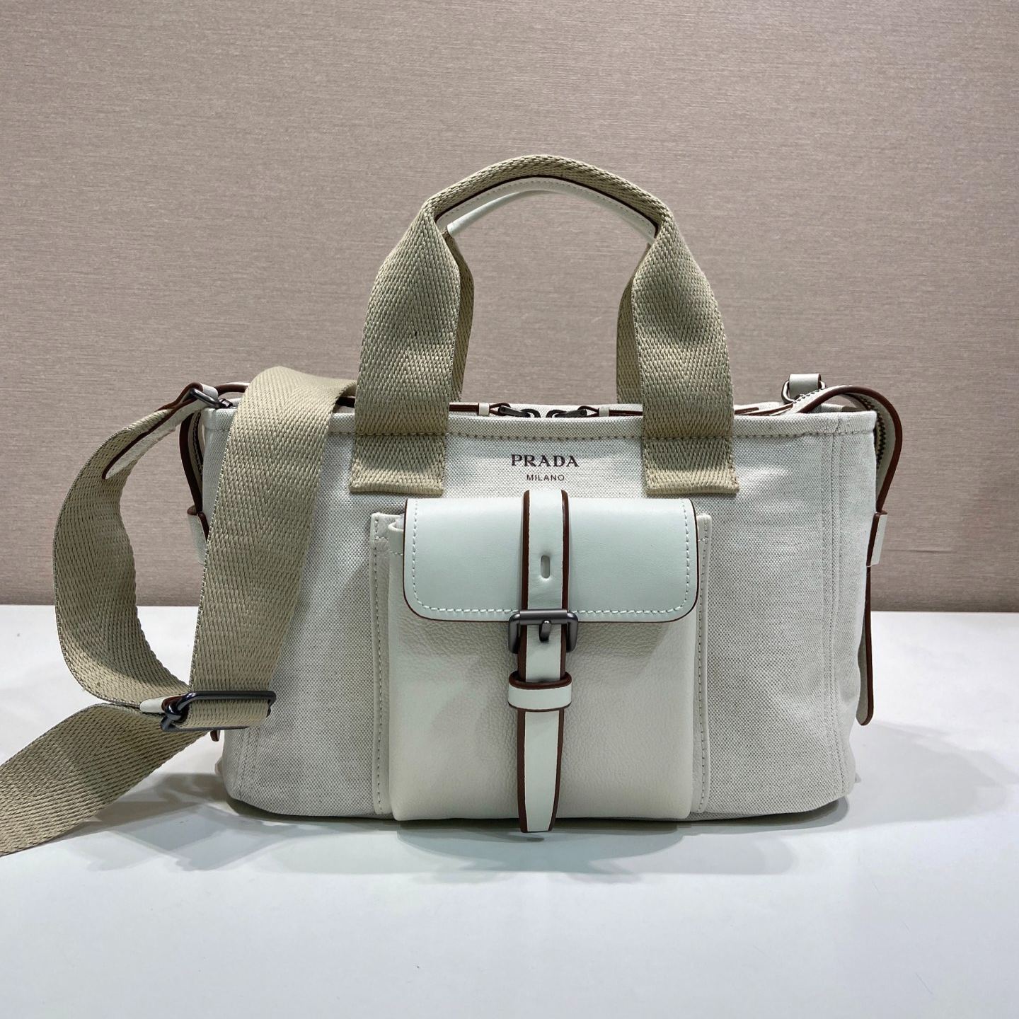 Prada Route Medium Canvas and Leather Tote Bag (1BG660_2G6W_F0002_V_OOO）