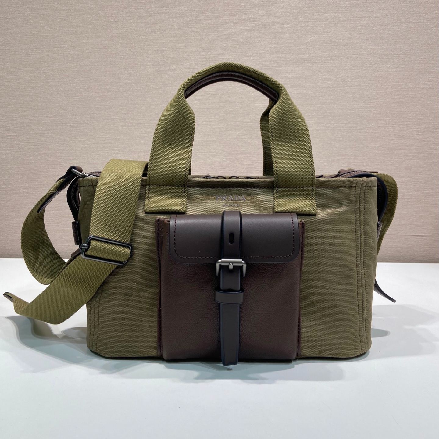 Prada Route Medium Canvas and Leather Tote Bag (1BG660_2G6W_F0002_V_OOO）