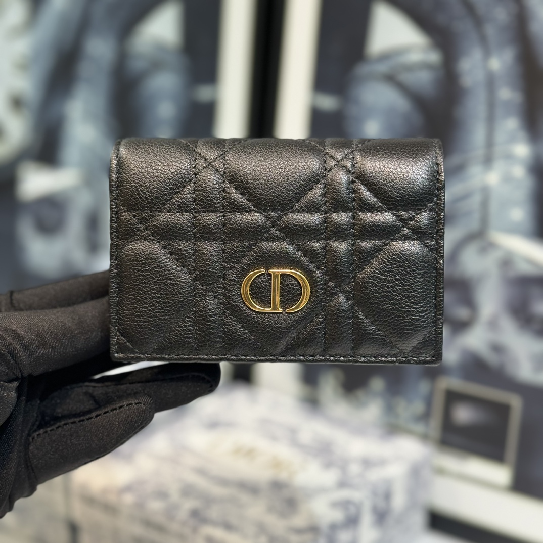 Dior Caro Cannage Bifold Coin Case in Black Leather（S5132UWHC-M900）