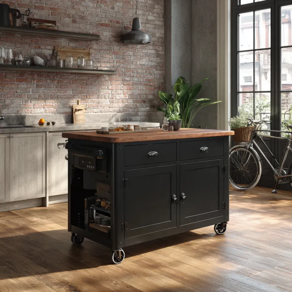 キッチンワゴン 木製天板付き ブラック 100cmx60cmx90cm - 工業デザイン
