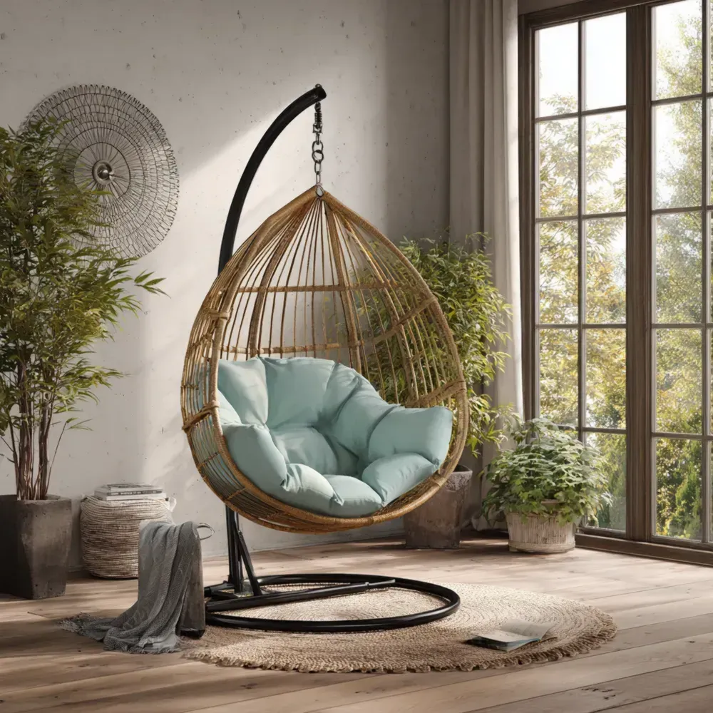 ラタンハンギングチェア クッション付き 95x95x195 cm – ベージュ/ブルー – 屋内外用