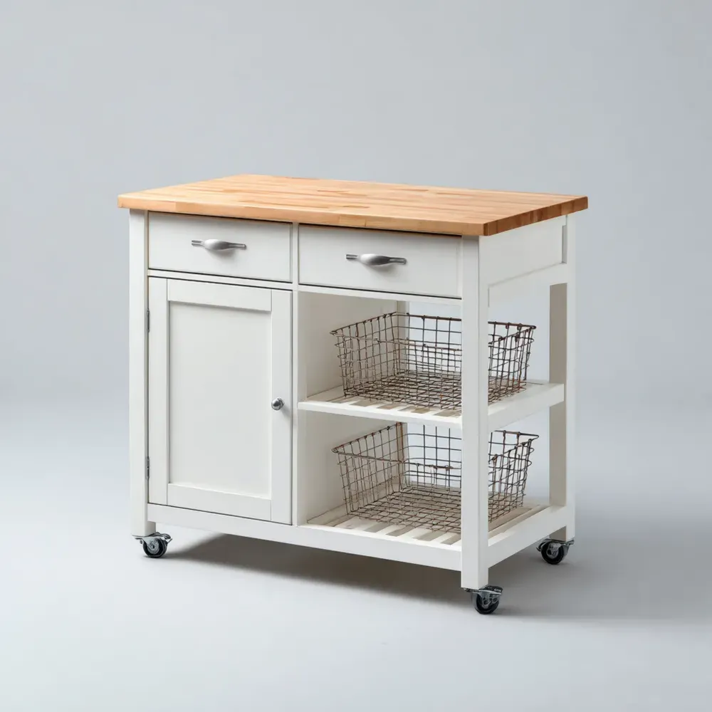 キッチンワゴン 木製天板 収納バスケット付き 80x45x90 cm - ホワイト