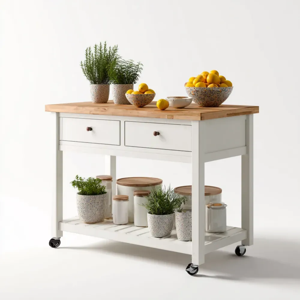 キッチンワゴン 木製トップ 90x60x85 cm – ホワイト/ナチュラル – 収納引き出し付き