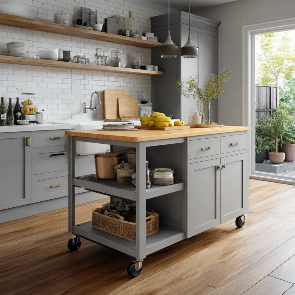 キッチンワゴン 木製天板 90x60x90 cm - グレー - 収納機能付き