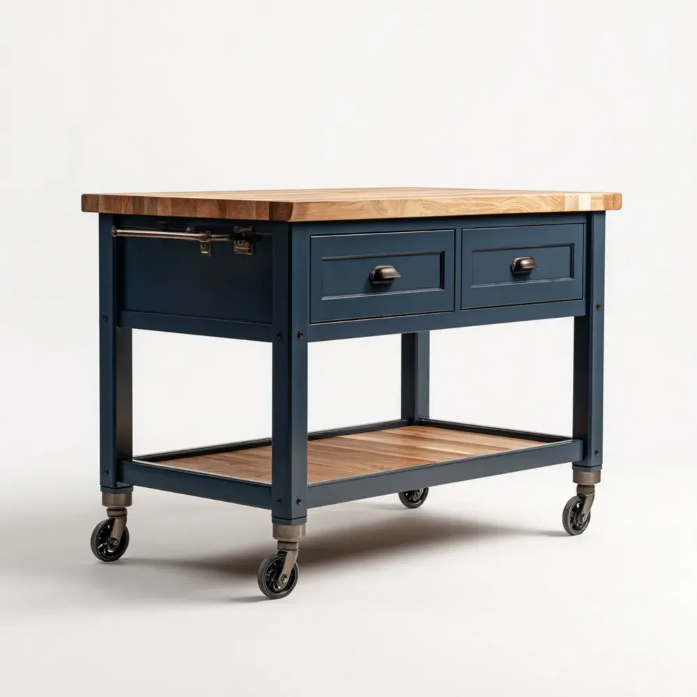 キッチンワゴン 木製天板 ブルー 90x45x85 cm – 収納引き出し付き