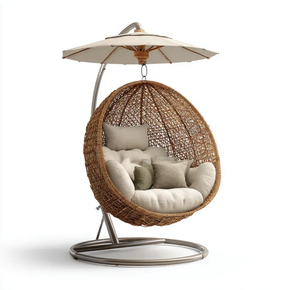 ハンギングチェア ラタン編み 0.9x0.9x1.8m - ベージュ - ガーデン用日よけ付き
