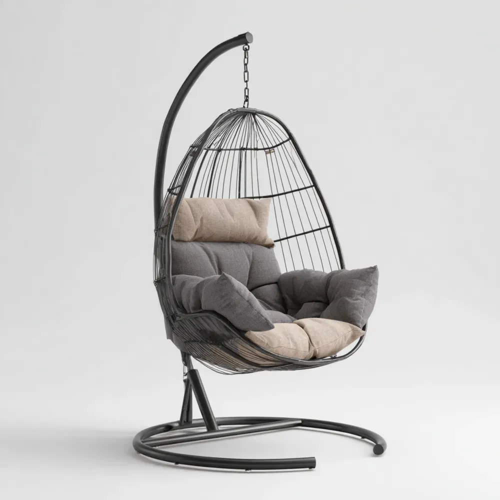 ハンギングチェア スチールフレーム クッション付き 室内外用 195x95x95 cm ブラック/ベージュ モダンデザイン