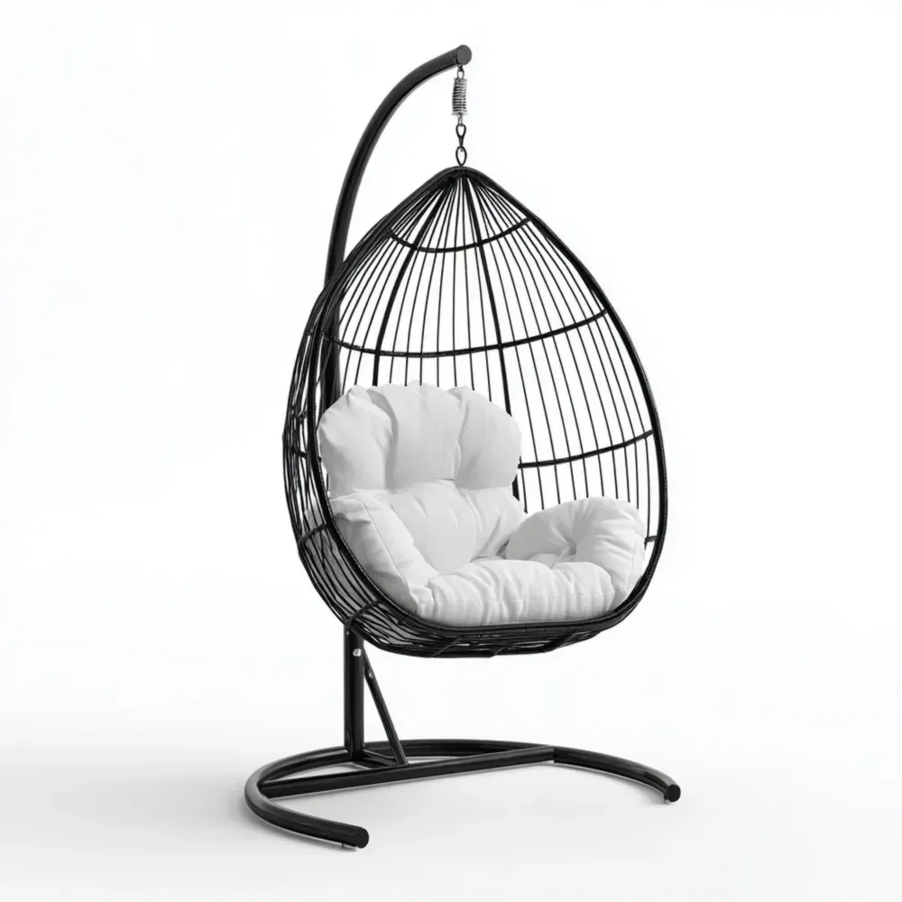ハンギングチェア スチールフレーム クッション付き 90x65x195 cm - ブラック/ホワイト