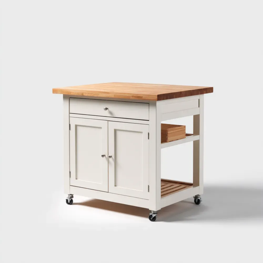 キッチンワゴン 木製カウンタートップ 80x60x90 cm - ホワイト - ストレージ付