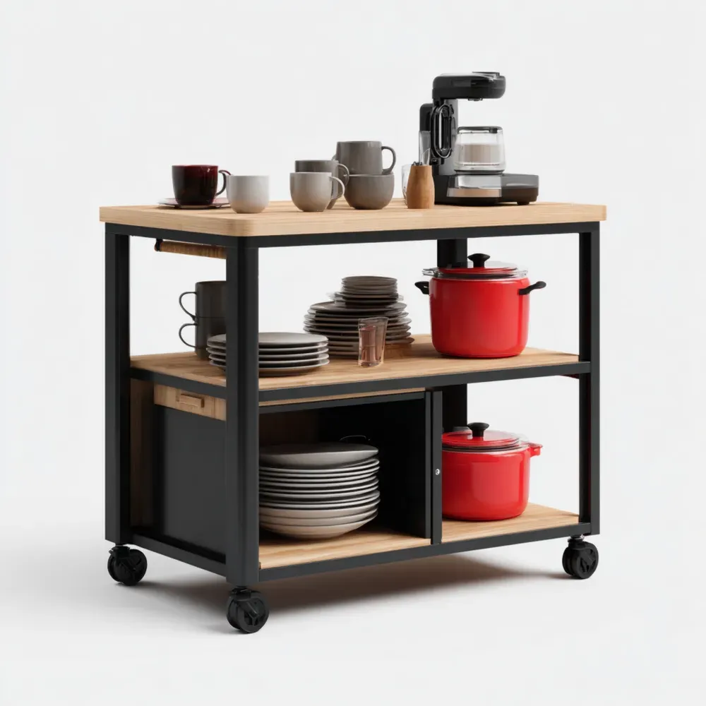 キッチンワゴン 85x50x90cm - ブラック - 天然木製 インダストリアルデザイン