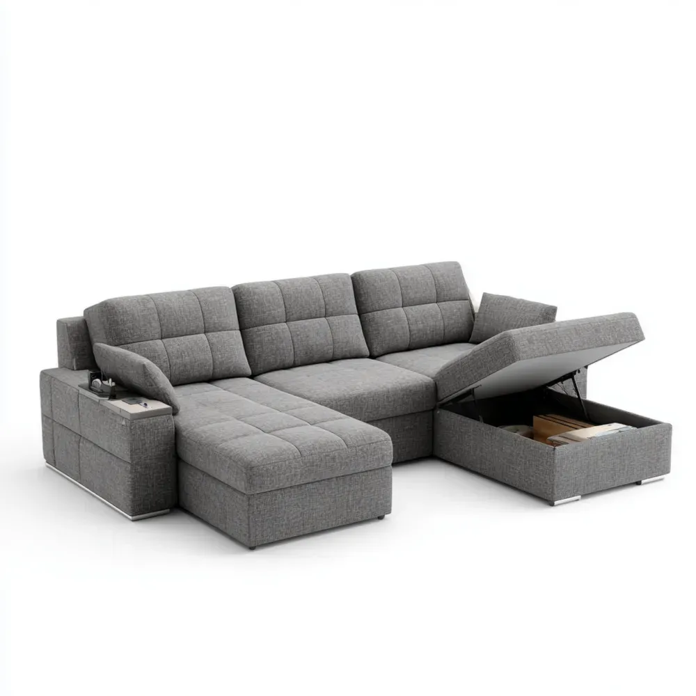 コーナーソファセット リネンファブリック 250x150x85 cm - グレー - ストレージ機能付き