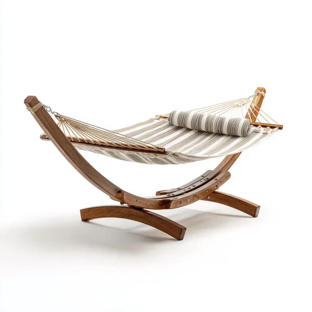 屋外ハンモック 木製フレーム付き テキスタイル 200x150x150 cm – ホワイト/グレー