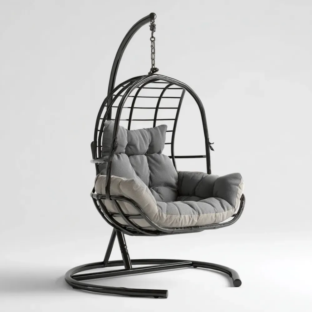 ハンギングチェア メタルフレーム クッション付き 120x105x195cm - グレー - 屋外用