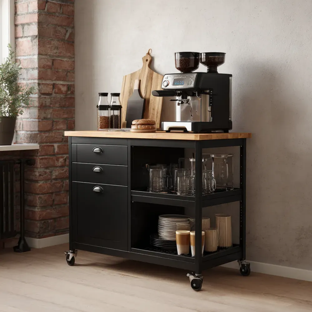 キッチンワゴン スチール製 90x44x85 cm – ブラック/木製トップ – 工業デザイン