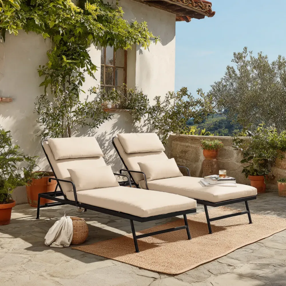 ガーデンリクライニングチェア スチールフレーム ベージュ 屋外用 180x65x75 cm