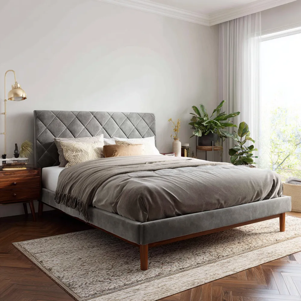 ダブルベッド ベルベット張り 140x200x100 cm – ダークグレー – モダンデザイン