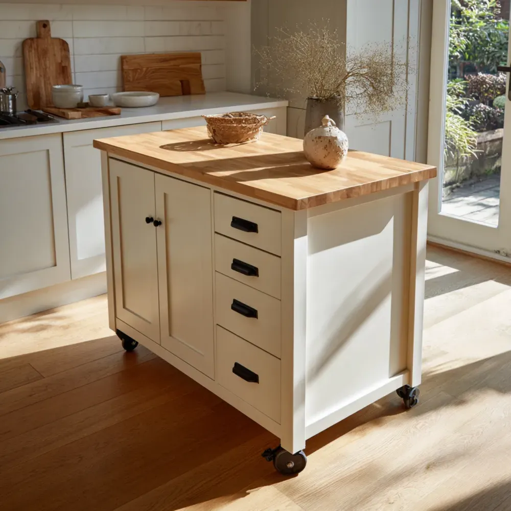 キッチンワゴン 木製天板 90x60x85cm 4引き出し ホワイト