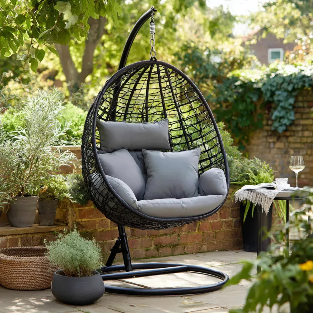 ハンギングチェア ラタン製 クッション付き 120x130x200 cm – ブラック/グレー – 屋外用