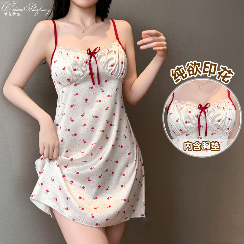 Women Summer Sling Nightdress, Polka Dot Lace Sleep Dress with Chest Pad, Sweet Bow Floral Loungewear