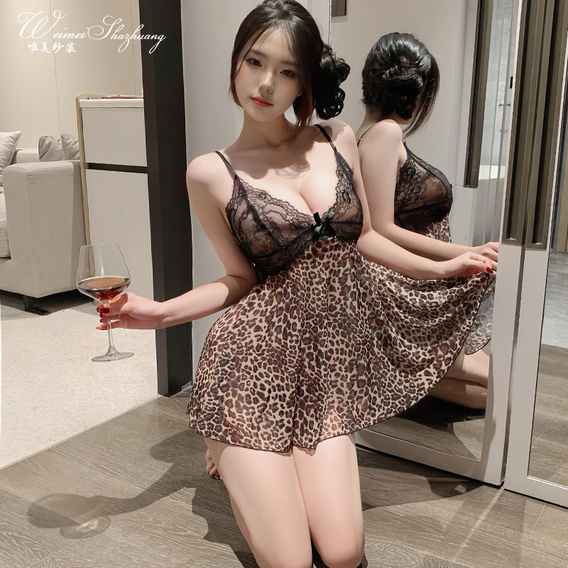 Leopard Print Mesh Sling Nightdress, Deep V Neck Lace Homewear, Elegant Sheer Ladies Loungewear