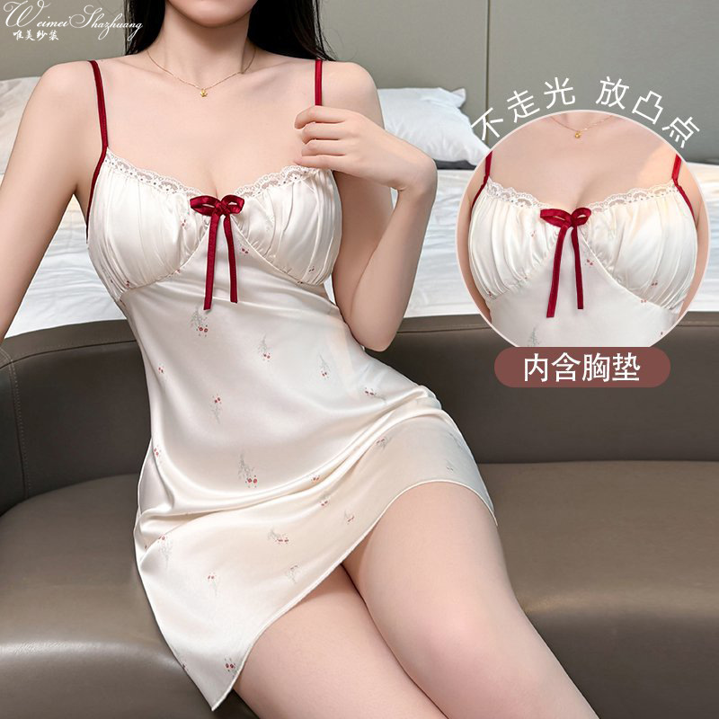 Women Summer Sling Nightdress, Polka Dot Lace Sleep Dress with Chest Pad, Sweet Bow Floral Loungewear