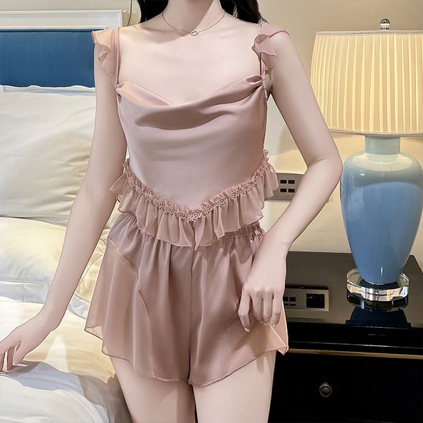 Aesthetic Mesh 2 Pieces Loungewear Set, Sweet Lace Sling Sleepwear, Soft Thin Gauze Homewear for Women