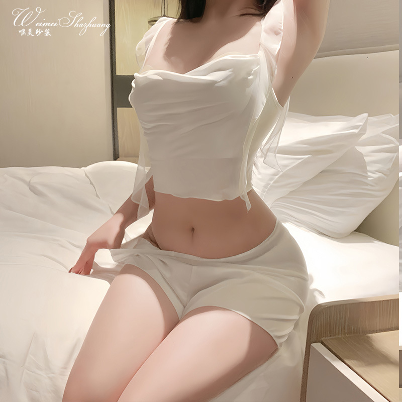 French Style Ice Silk Loungewear Two Piece Set, Elegant Cowl Neck Sling Top & Shorts, Soft Daily Homewear for Women