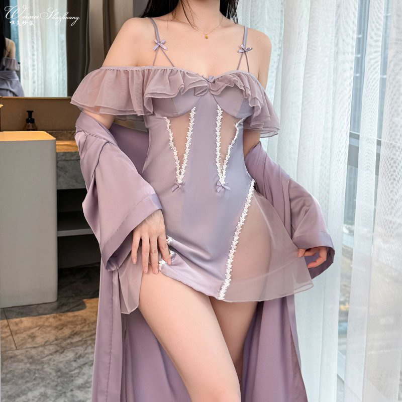 Satin Mesh Sling Nightdress, Hollow Out Side Homewear, Lace Trim Bow Decor Elegant Ladies Loungewear