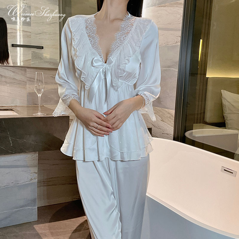 Satin 2 Pieces Homewear Set, Deep V Neck Lace Trim Top & Pants, Sweet Elegant Loungewear for Women