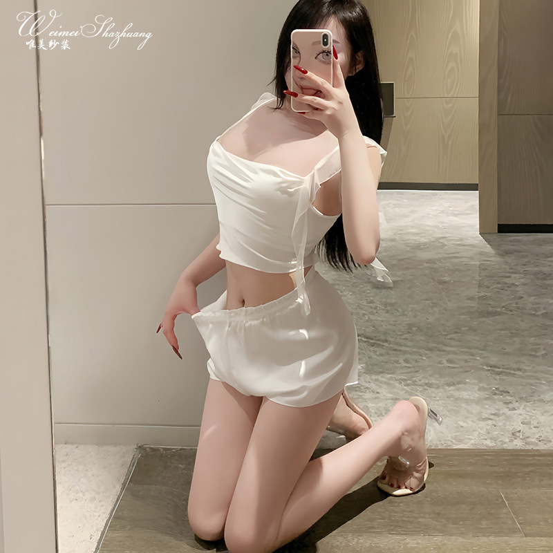 French Style Ice Silk Loungewear Two Piece Set, Elegant Cowl Neck Sling Top & Shorts, Soft Daily Homewear for Women