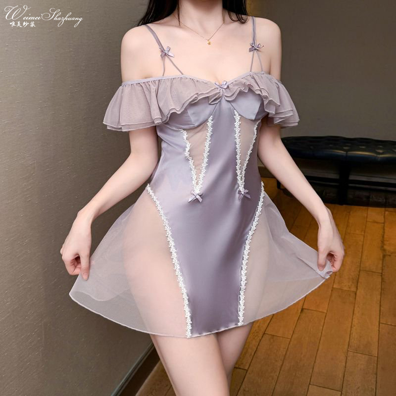 Satin Mesh Sling Nightdress, Hollow Out Side Homewear, Lace Trim Bow Decor Elegant Ladies Loungewear
