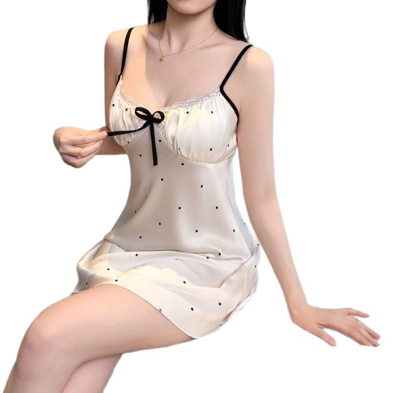 Women Summer Sling Nightdress, Polka Dot Lace Sleep Dress with Chest Pad, Sweet Bow Floral Loungewear