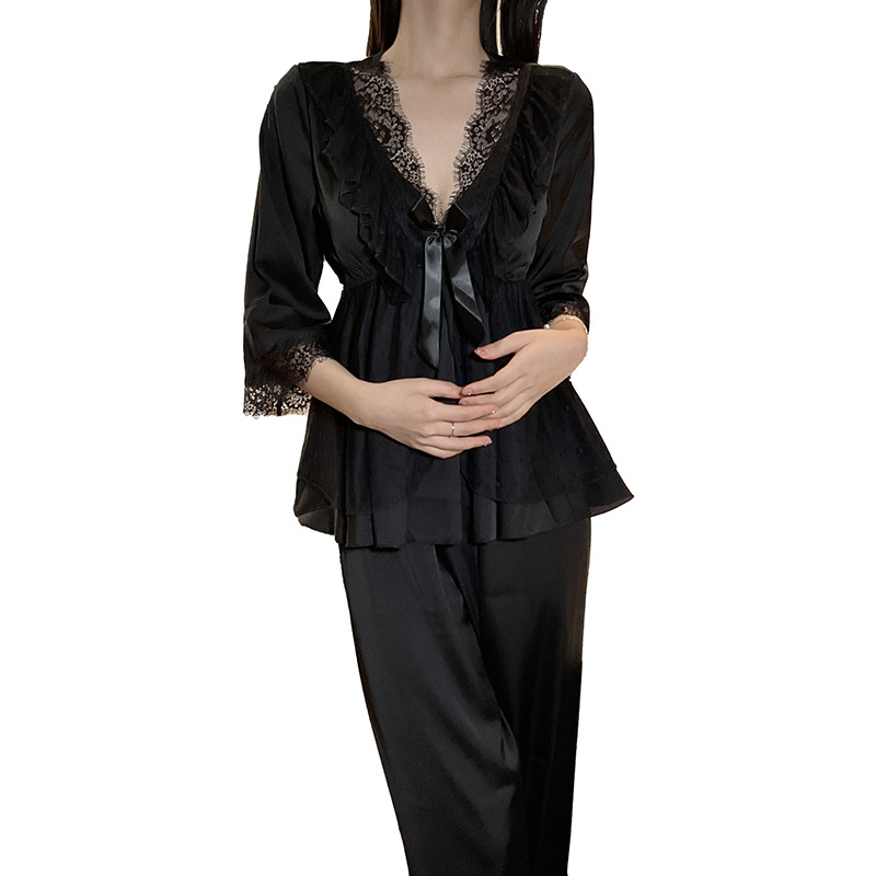 Satin 2 Pieces Homewear Set, Deep V Neck Lace Trim Top & Pants, Sweet Elegant Loungewear for Women