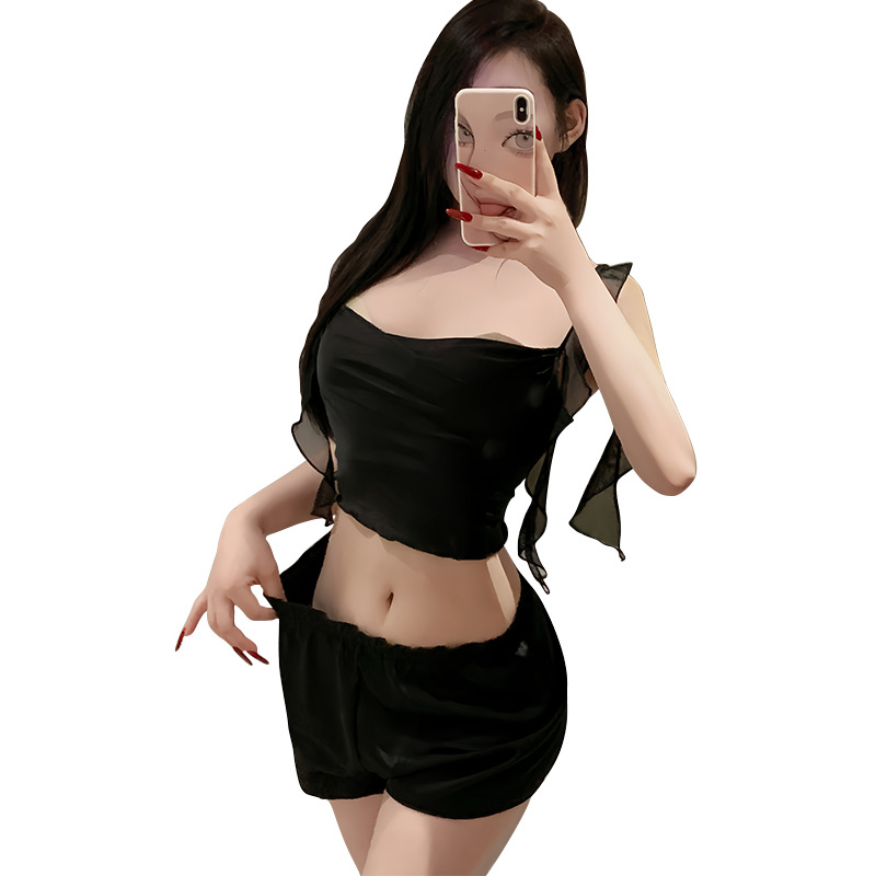 French Style Ice Silk Loungewear Two Piece Set, Elegant Cowl Neck Sling Top & Shorts, Soft Daily Homewear for Women