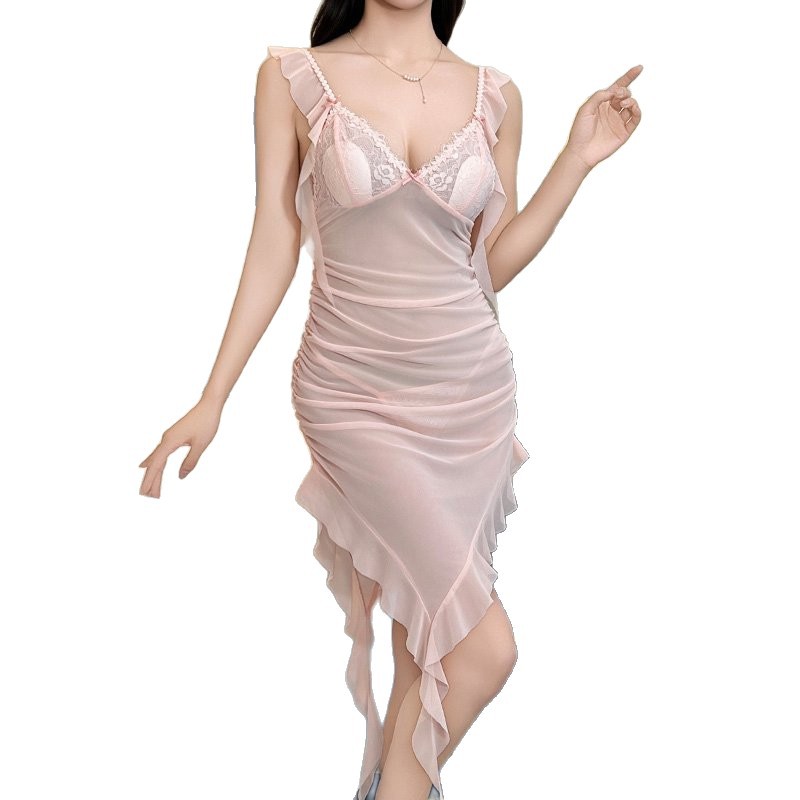 Pleated Mesh Sling Nightdress with Chest Pad, Backless Slim Homewear, Aesthetic Sheer Gauze Loungewear