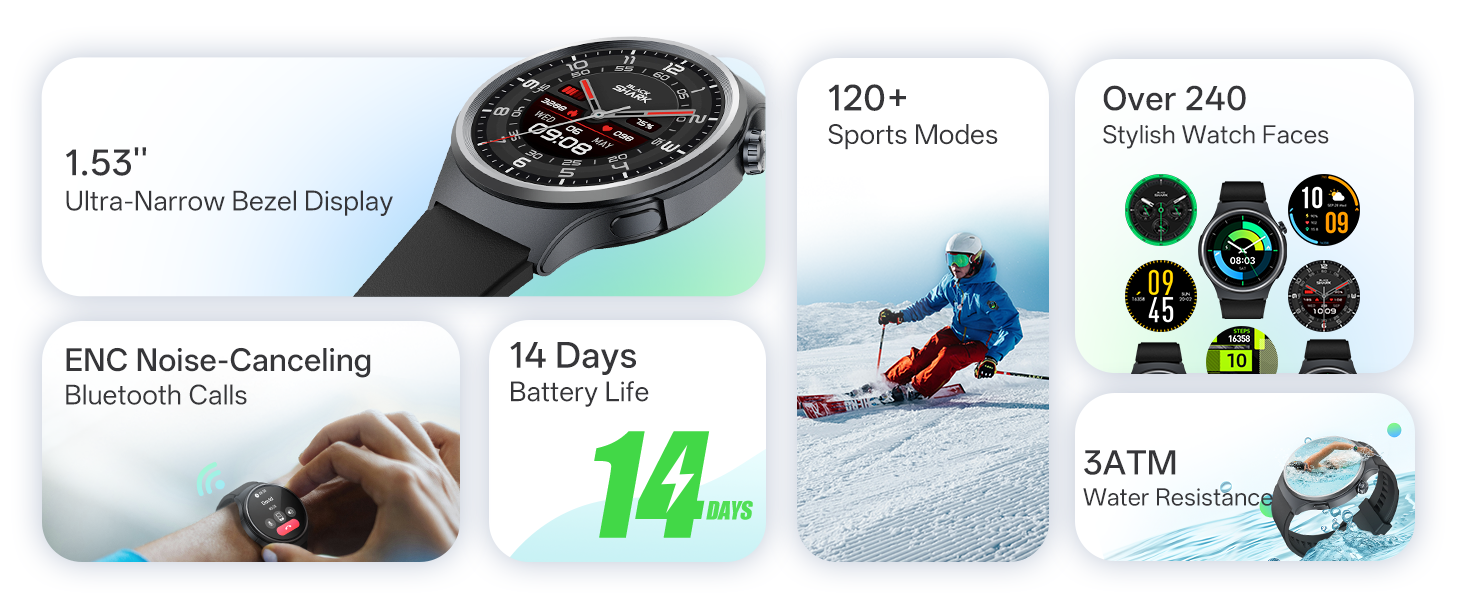 1.53''  Ultra-Narrow Bezel Display ENC Noise-Canceling  Bluetooth Calls 14 Days  Battery Life