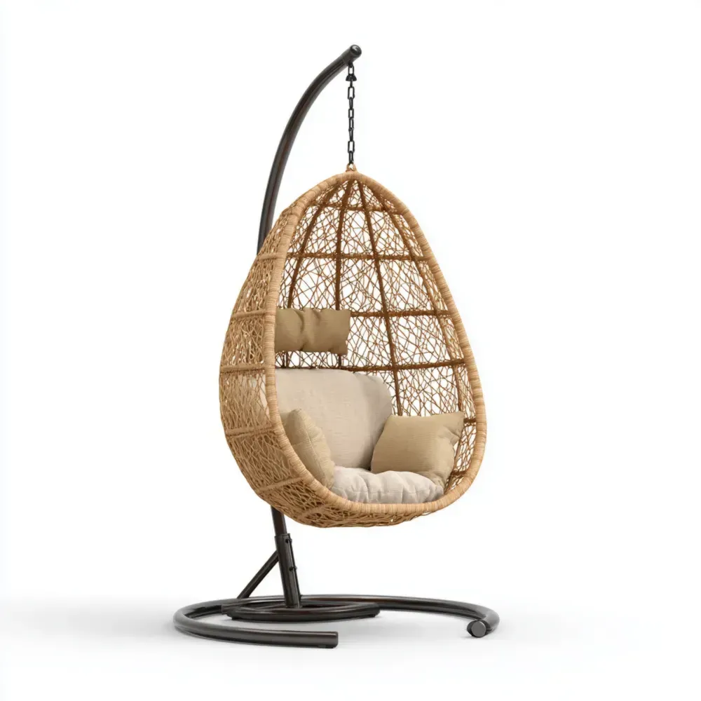 エッグ型ハンギングチェア 100x95x195cm ラタン風 ナチュラル/クリーム クッション付き