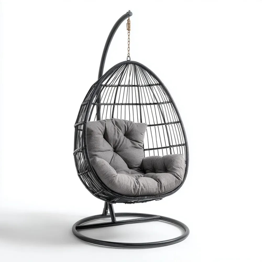 ハンギングチェア 屋内外用 人工ラタン 115x105x196 cm – ブラック/グレー – 快適なクッション付き