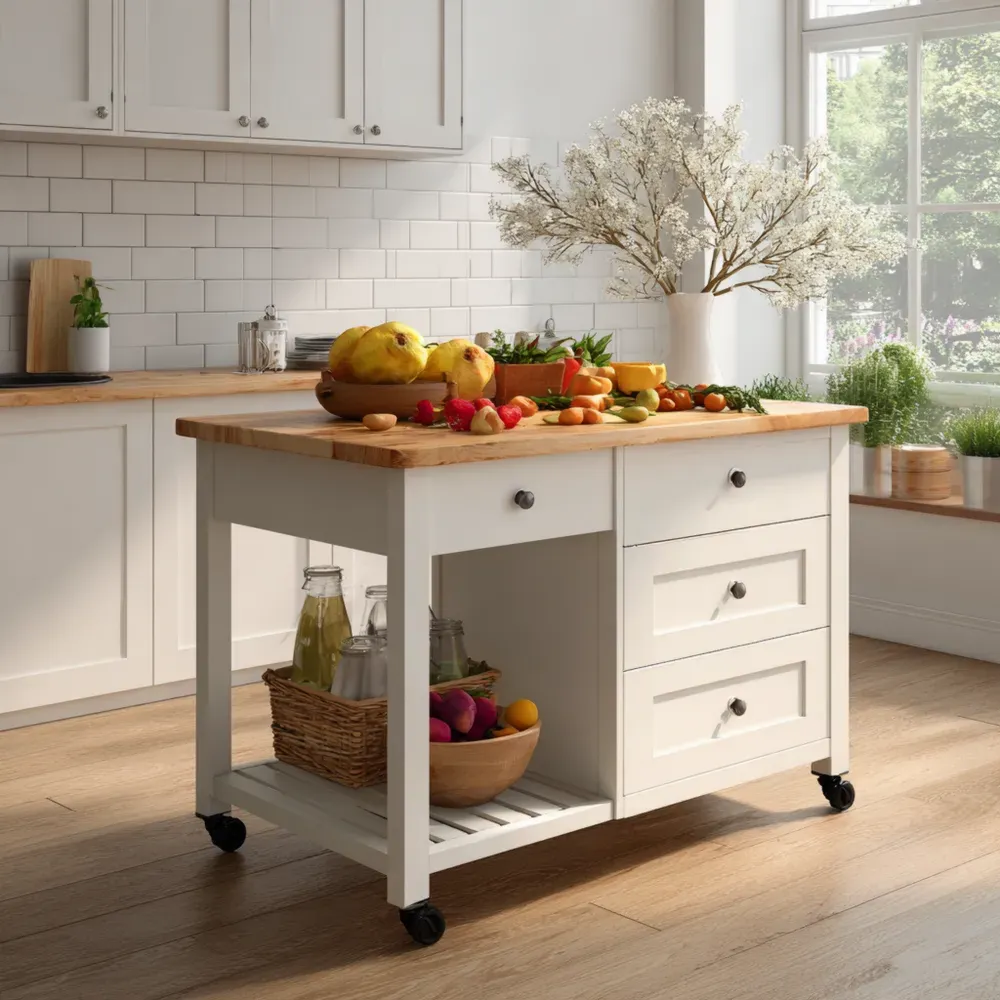 キッチンワゴン 木製 80x50x90 cm - ホワイト - 引き出し付き収納