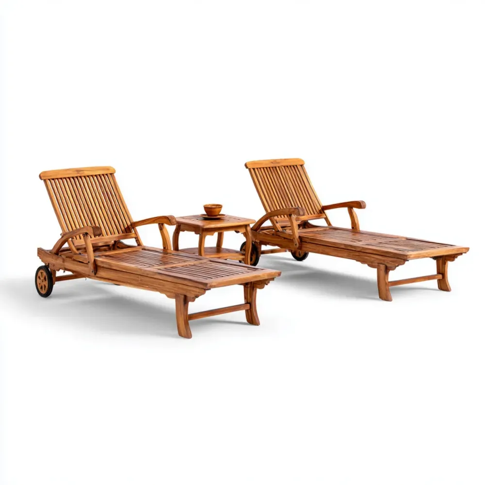 屋外用リクライニングチェアセット 195x65x31 cm ティーク材 2個セット – ナチュラル