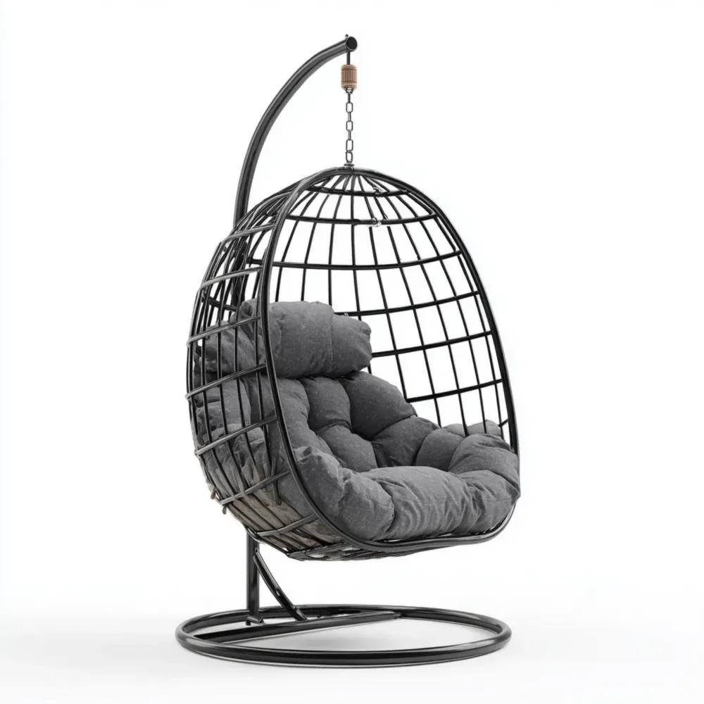 ハンギングチェア スチールフレーム クッション付き ブラック/グレー 105x105x195 cm - アウトドア用