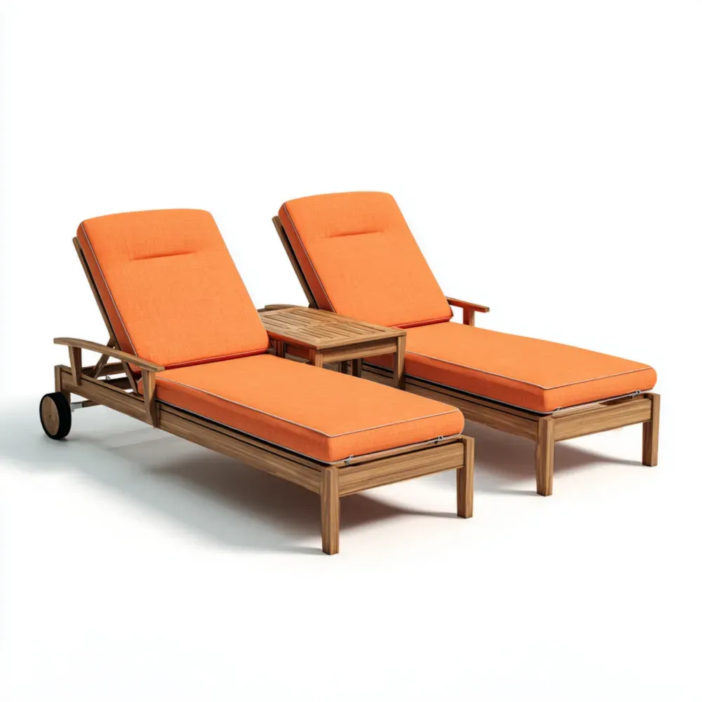 ガーデンリクライニングチェア ディーク材 オレンジクッション セット - モダンデザイン 200cm x 70cm x 35cm