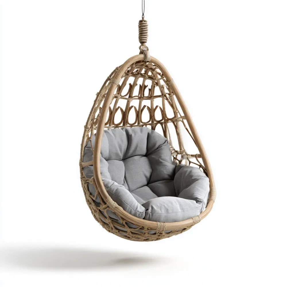 ラタンハンギングチェア 90x70x120cm クッション付き - グレー