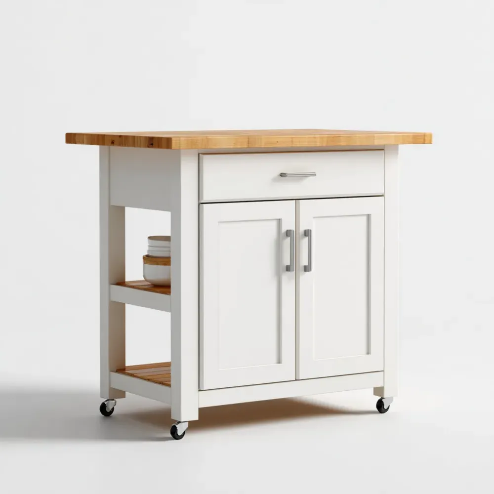 キッチンワゴン 木製トップ 70x45x90cm - ホワイト/ナチュラルウッド 収納棚と引き出し付き