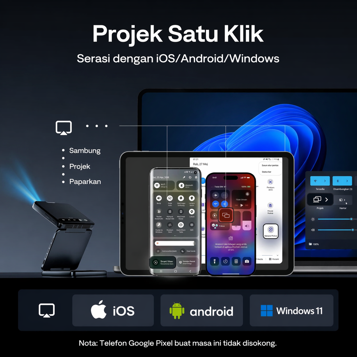 PIZER ZIP Tri-Fold Projektor Mini Mudah Alih