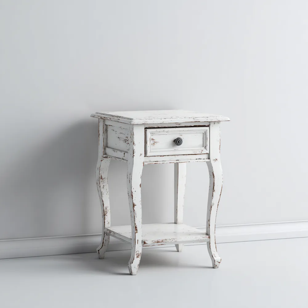 ナイトテーブル 木製 1引き出し アンティークスタイル ディストレスト加工 ホワイト 35.0x36.0x60.0 cm