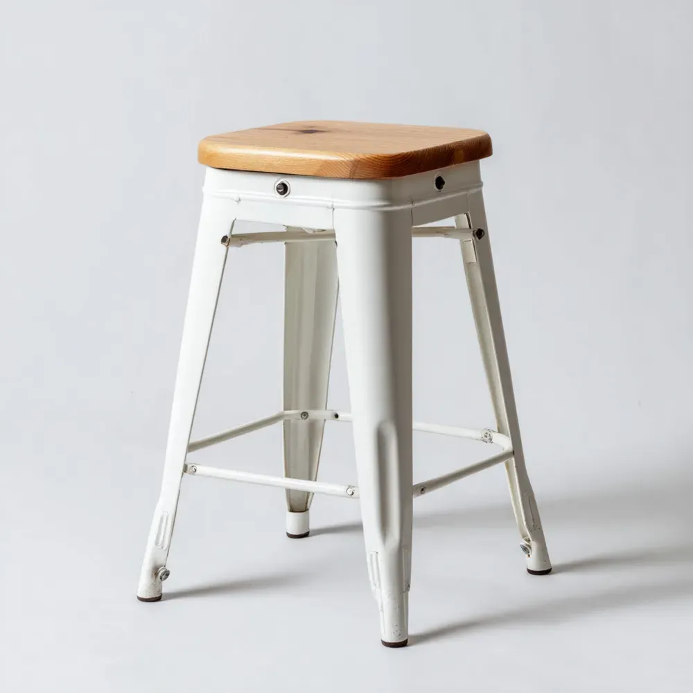 バースツール 木製座面 スチール脚 45x45x65 cm - ホワイト/ナチュラルウッド - インダストリアルデザイン