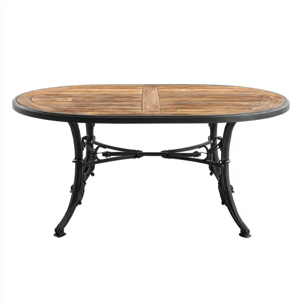 ガーデンダイニングテーブル オーバル 木製天板 メタル脚 150x90x75cm – アンティーク仕上げ