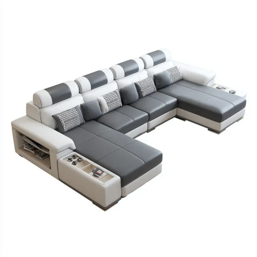 コーナーソファ 合成革 250x180x85 cm – グレー/ホワイト – モダン収納